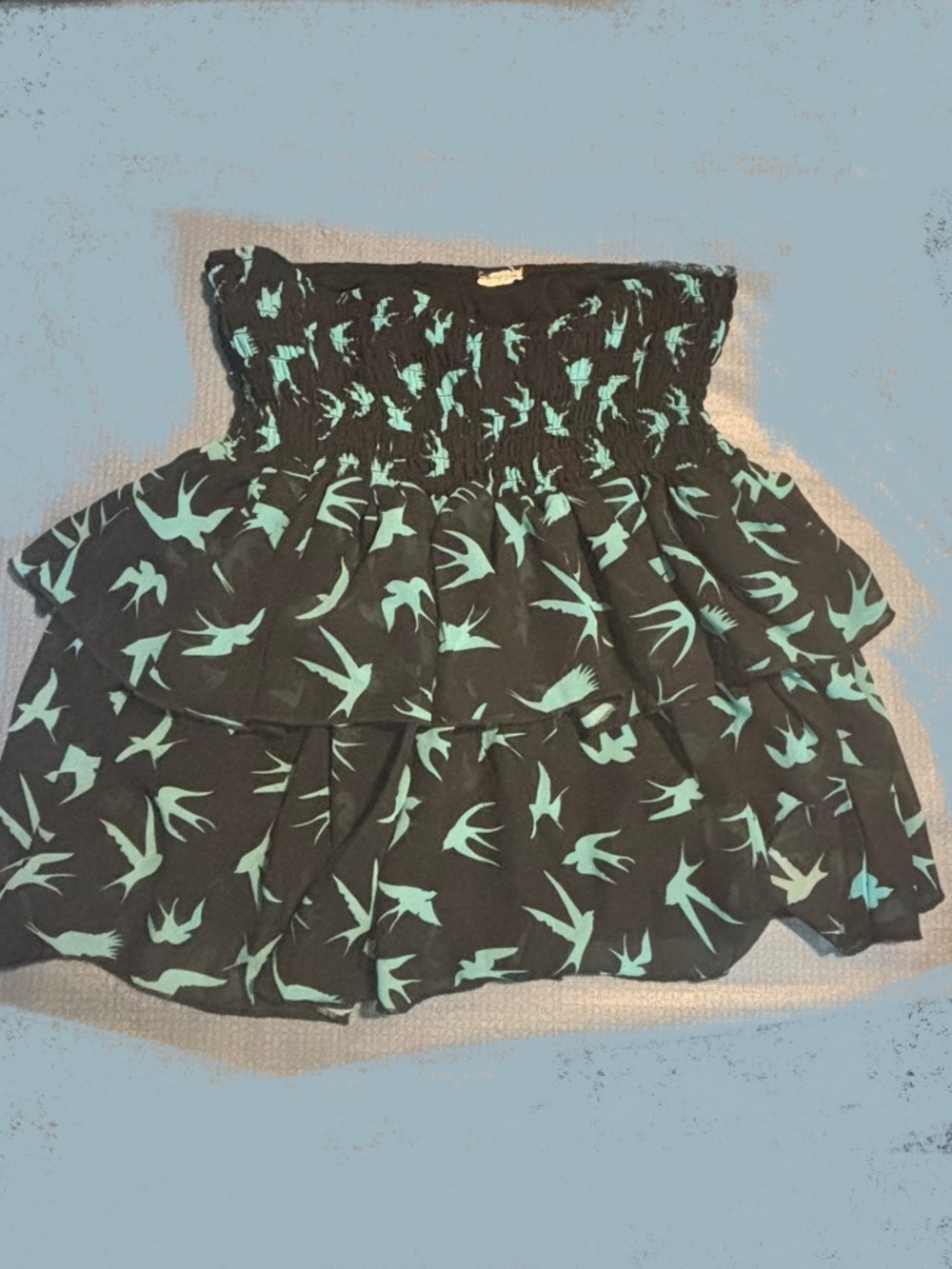 Black 2010s aesthetic sparrow print tiered mini skirt bird birds ruffle